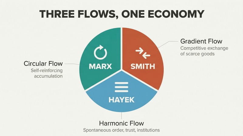 A circle divided into three equal sectors representing Smith's gradient flow, Marx's circular flow, and Hayek's harmonic flow as complementary parts of the complete economy.