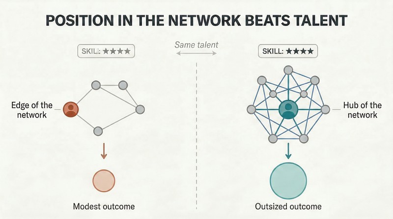 Split panel comparing two equally skilled figures — one isolated at a network edge with few connections, the other at a densely connected hub — showing how network position drives vastly different outcomes.