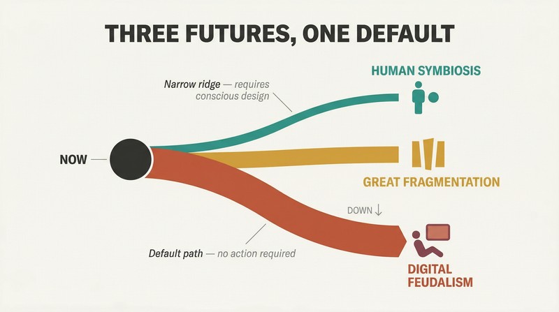 Fork diagram with three diverging paths of different widths showing digital feudalism as the wide downhill default, fragmentation level, and human symbiosis as a narrow uphill ridge.