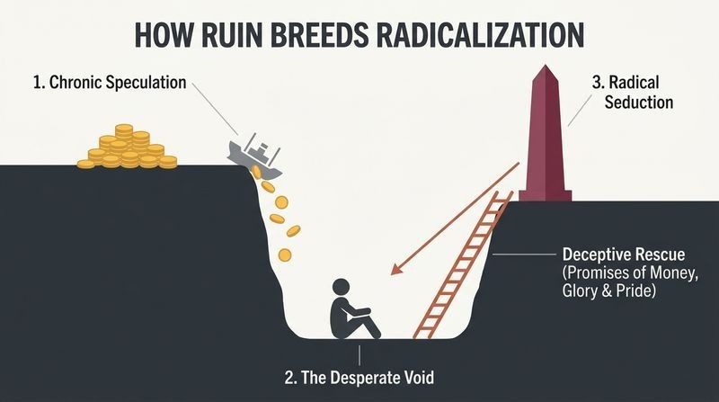A diagram depicting a person who has fallen into a deep pit of financial ruin, lured out by a deceptive ladder of extremist promises.