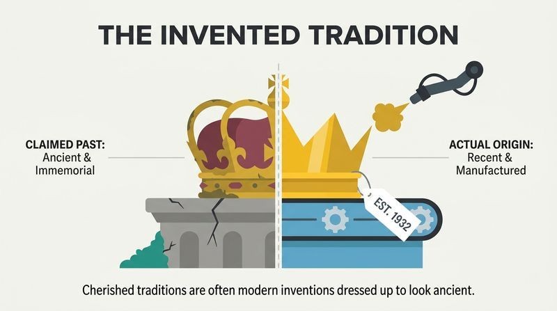 A royal crown split down the middle: the left half sits on an ancient stone pedestal representing a claimed historic past, while the right half sits on a modern factory conveyor belt being manufactured, representing its recent origin.