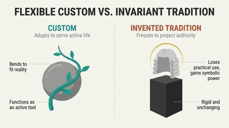 A side-by-side split panel diagram contrasting organic, flexible custom with rigid, symbolic invented tradition.