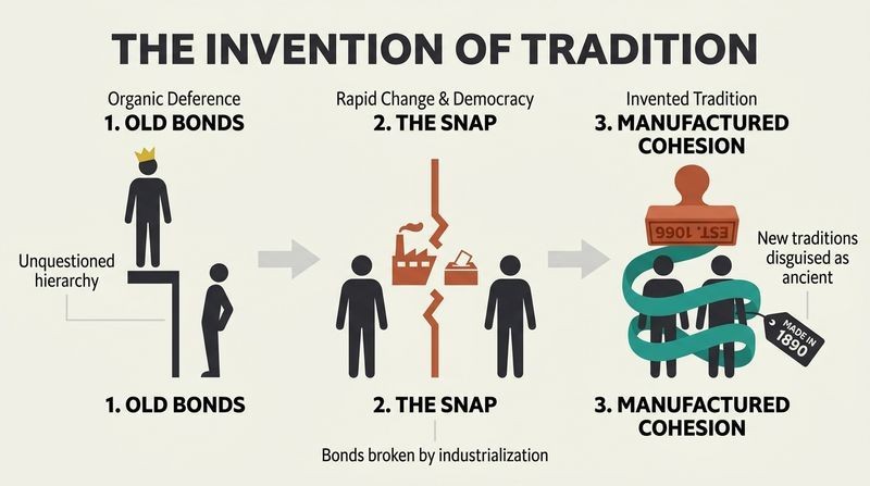 Three-stage diagram illustrating how rapid industrialization and mass democracy snapped old social bonds, forcing rulers to invent fake-ancient traditions to manufacture citizen loyalty.