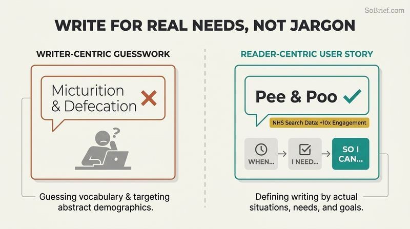 Split panel comparison contrasting writer-centric jargon with a reader-centric user story framework to maximize writing clarity.