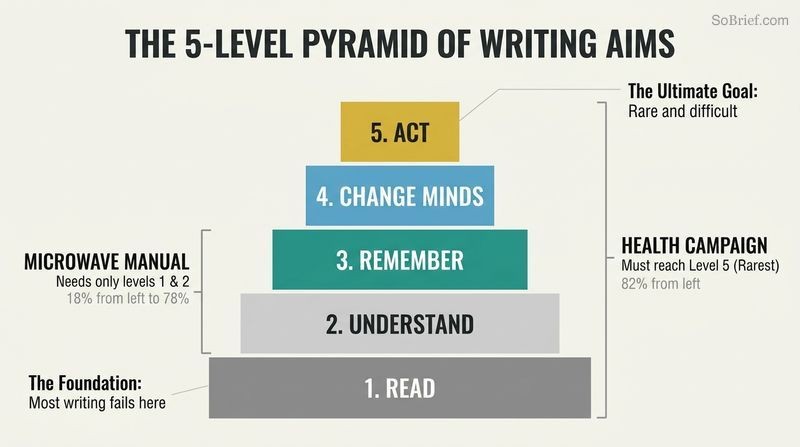 A five-tier stepped pyramid illustrating how writing goals build on one another, from simply getting read at the bottom to inspiring action at the top.