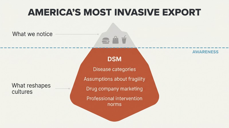 Iceberg diagram showing visible American exports like fast food above the waterline, with a much larger mass of exported mental illness frameworks below.
