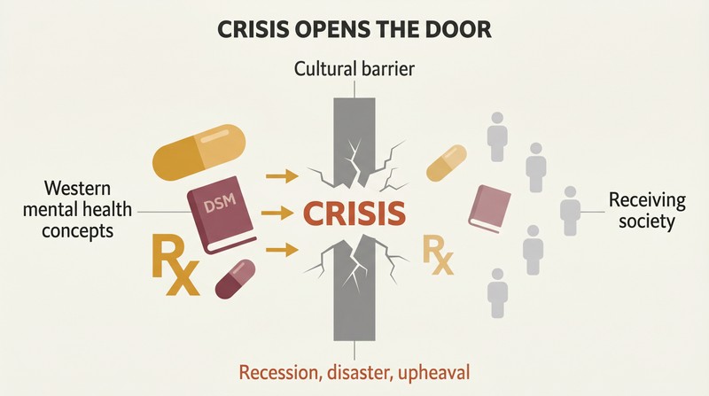 A cracked cultural wall with Western mental health symbols flowing through a breach labeled Crisis into a society on the other side.