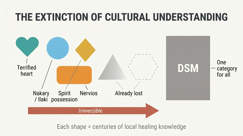 Diverse colorful shapes representing cultural mental health frameworks progressively fade and vanish as they approach a single monolithic gray block labeled DSM, showing irreversible knowledge loss.