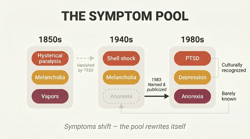 Three-column timeline showing a culture's recognized symptoms changing across the 1850s, 1940s, and 1980s as disorders are named and fade.
