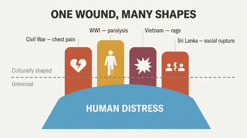 Iceberg diagram showing universal human distress as a single mass below a waterline, with four different culturally shaped trauma expressions emerging above the surface.