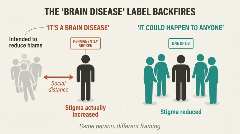 Split panel comparing how biological framing isolates a person from a group while contextual framing keeps them included.