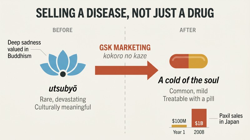 Split panel showing Japanese cultural sadness on the left being reframed through corporate marketing into a medicalized treatable condition on the right, with revenue results below.