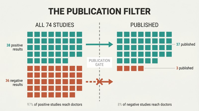 Before-and-after diagram showing 74 balanced studies passing through a publication filter, emerging as overwhelmingly positive in published literature.