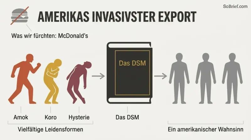 Three uniquely colored figures representing distinct culture-bound illnesses pass through a DSM stamp and emerge as identical gray figures. A small crossed-out burger marks the decoy export.