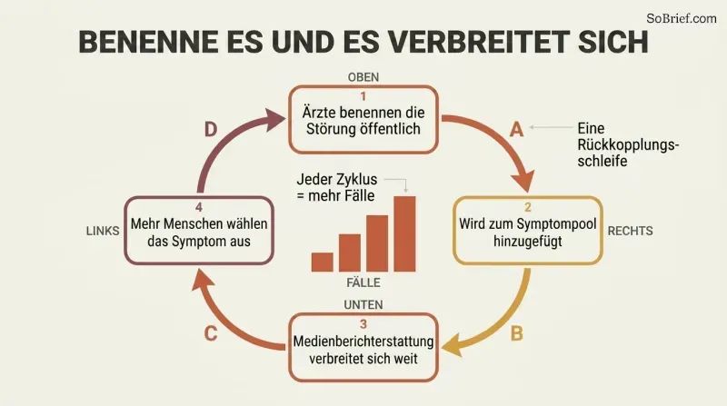 A circular feedback loop where publicly naming a disorder feeds a symptom pool, drives media coverage, and multiplies cases, intensifying with each turn.