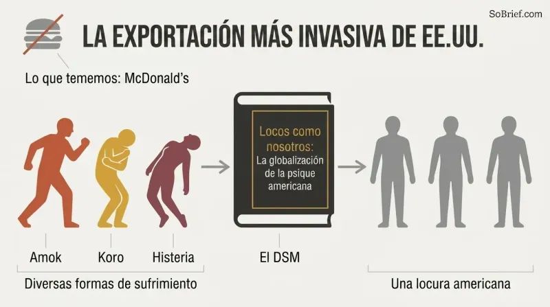 Three uniquely colored figures representing distinct culture-bound illnesses pass through a DSM stamp and emerge as identical gray figures. A small crossed-out burger marks the decoy export.