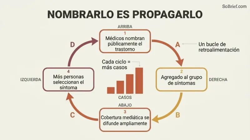 A circular feedback loop where publicly naming a disorder feeds a symptom pool, drives media coverage, and multiplies cases, intensifying with each turn.