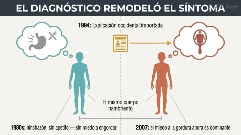 Before-and-after split showing the same starving patient explaining her illness through bodily sensations until imported Western media replaces it with fear of fat.