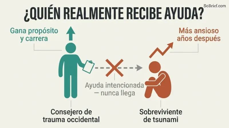 Two facing figures where the intended help arrow between a counselor and a survivor is crossed out, while the counselor gains and the survivor grows more anxious.