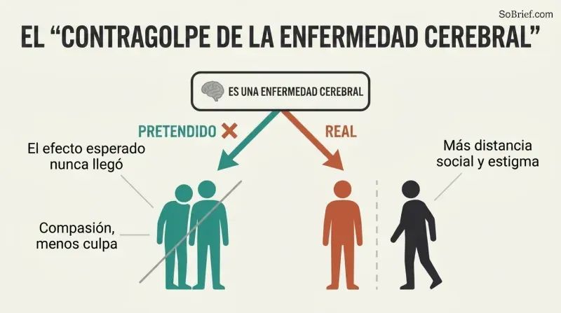 A single message forks into an intended outcome of compassion, crossed out, and the actual outcome of greater social distance and stigma.