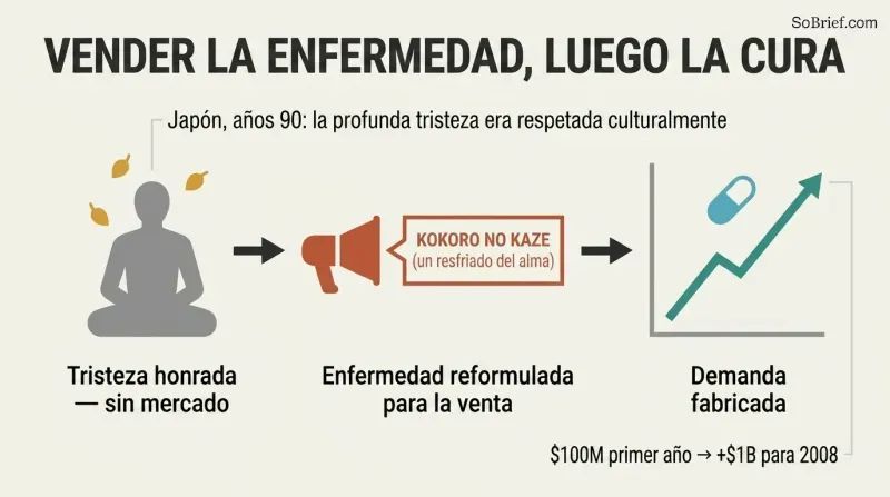 Three-stage chain showing how a drug company reframed honored sadness as a treatable illness, manufacturing demand and exploding antidepressant sales.