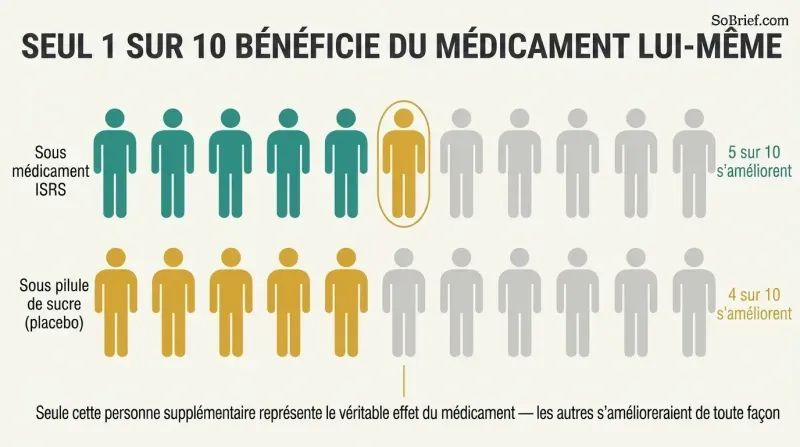 Two rows of ten human icons compare antidepressant and placebo groups, showing five versus four improve so only one person gains a true drug effect.
