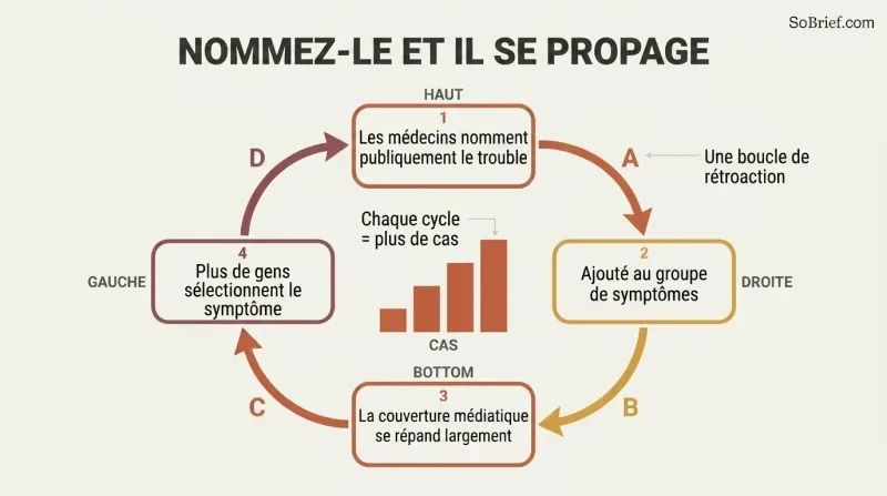 A circular feedback loop where publicly naming a disorder feeds a symptom pool, drives media coverage, and multiplies cases, intensifying with each turn.
