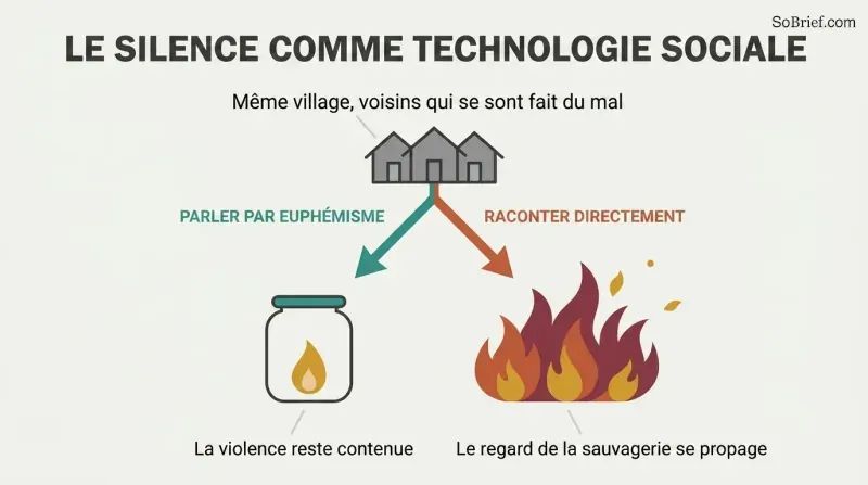 A fork shows the same village choosing cautious euphemism, which contains a single flame, versus direct retelling, which spreads fire into renewed violence.