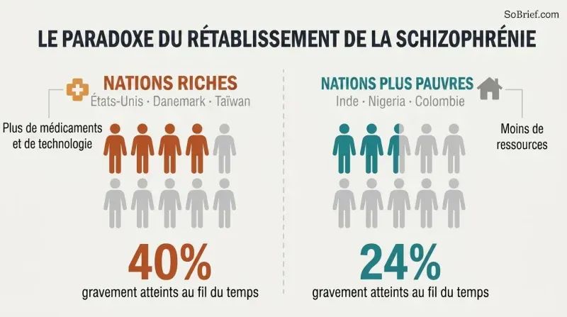 Split panel comparing severe-impairment rates, showing wealthy nations at 40 percent versus poorer nations at 24 percent. The image reveals that more medical resources correlate with worse long-term recovery.