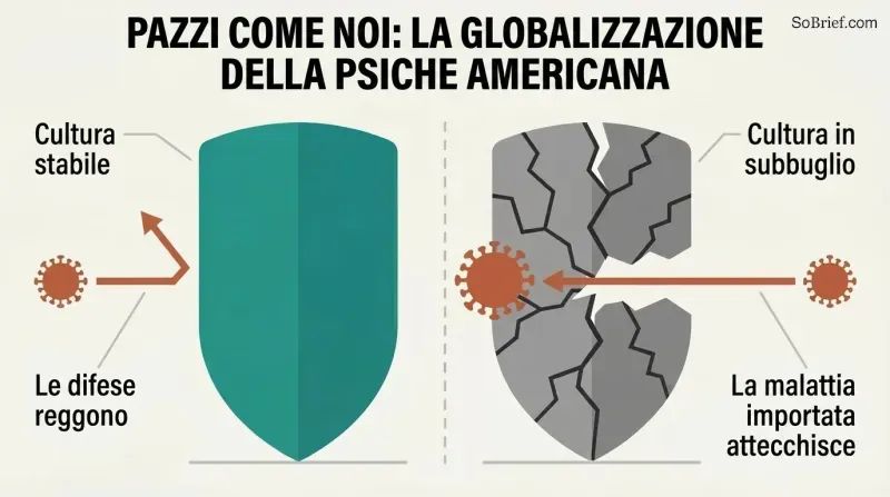 Split panel comparing a stable culture's intact shield deflecting an imported illness against a cracked shield letting it through during social upheaval.