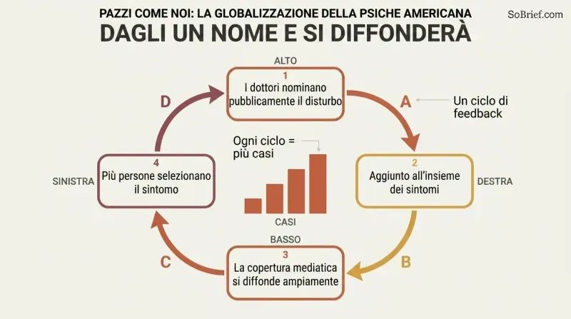 A circular feedback loop where publicly naming a disorder feeds a symptom pool, drives media coverage, and multiplies cases, intensifying with each turn.