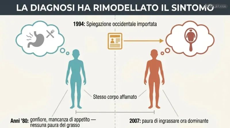 Before-and-after split showing the same starving patient explaining her illness through bodily sensations until imported Western media replaces it with fear of fat.