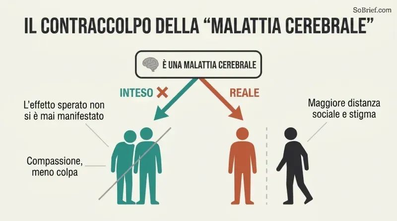 A single message forks into an intended outcome of compassion, crossed out, and the actual outcome of greater social distance and stigma.