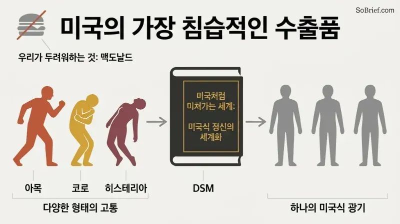Three uniquely colored figures representing distinct culture-bound illnesses pass through a DSM stamp and emerge as identical gray figures. A small crossed-out burger marks the decoy export.
