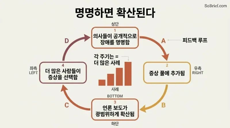 A circular feedback loop where publicly naming a disorder feeds a symptom pool, drives media coverage, and multiplies cases, intensifying with each turn.