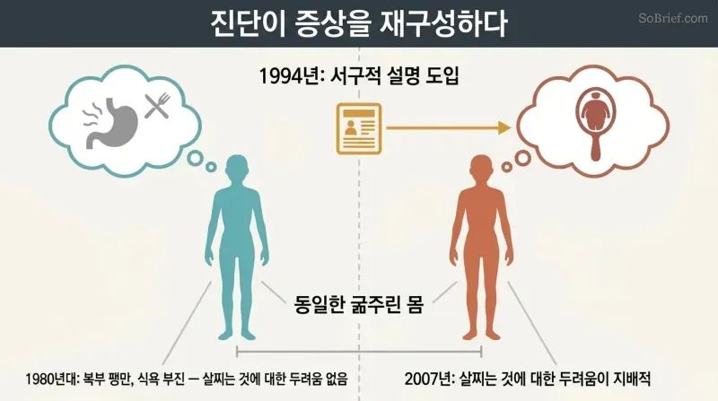 Before-and-after split showing the same starving patient explaining her illness through bodily sensations until imported Western media replaces it with fear of fat.