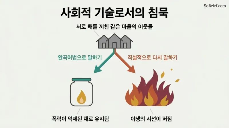 A fork shows the same village choosing cautious euphemism, which contains a single flame, versus direct retelling, which spreads fire into renewed violence.