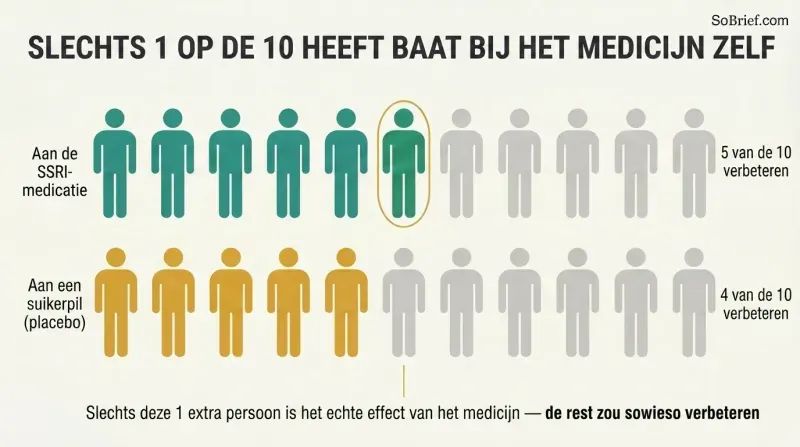 Two rows of ten human icons compare antidepressant and placebo groups, showing five versus four improve so only one person gains a true drug effect.