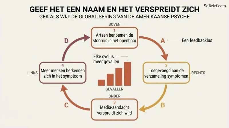 A circular feedback loop where publicly naming a disorder feeds a symptom pool, drives media coverage, and multiplies cases, intensifying with each turn.
