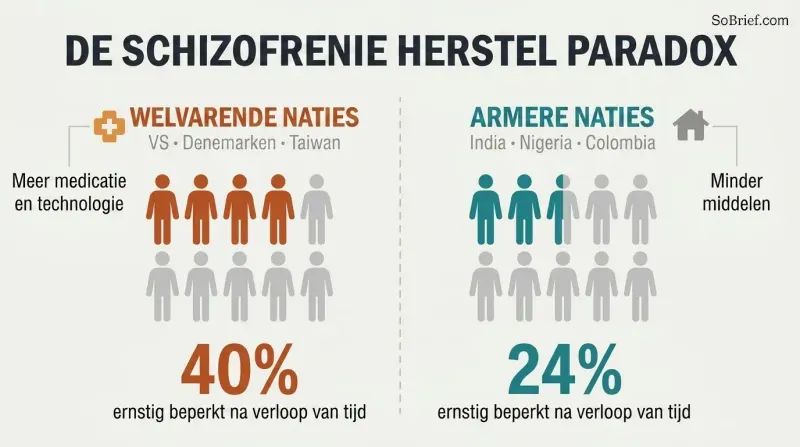 Split panel comparing severe-impairment rates, showing wealthy nations at 40 percent versus poorer nations at 24 percent. The image reveals that more medical resources correlate with worse long-term recovery.
