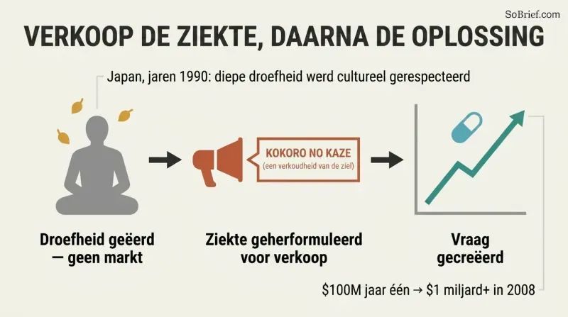 Three-stage chain showing how a drug company reframed honored sadness as a treatable illness, manufacturing demand and exploding antidepressant sales.