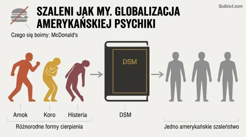 Three uniquely colored figures representing distinct culture-bound illnesses pass through a DSM stamp and emerge as identical gray figures. A small crossed-out burger marks the decoy export.