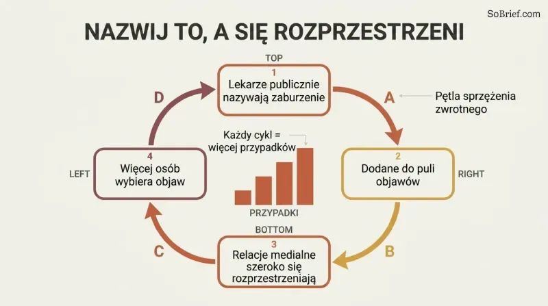 A circular feedback loop where publicly naming a disorder feeds a symptom pool, drives media coverage, and multiplies cases, intensifying with each turn.