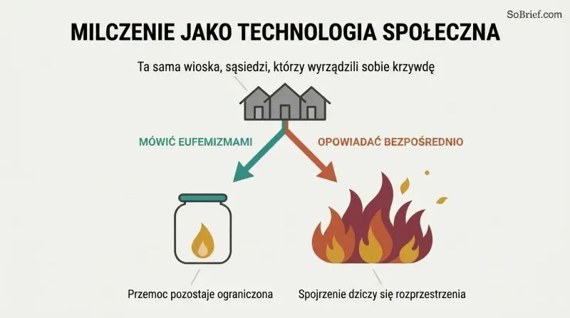 A fork shows the same village choosing cautious euphemism, which contains a single flame, versus direct retelling, which spreads fire into renewed violence.