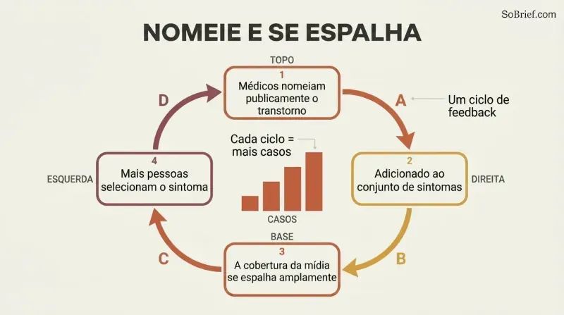 A circular feedback loop where publicly naming a disorder feeds a symptom pool, drives media coverage, and multiplies cases, intensifying with each turn.