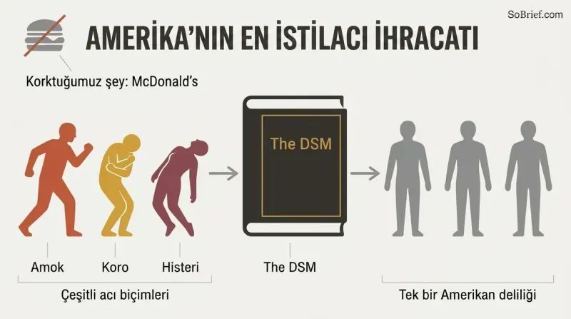 Three uniquely colored figures representing distinct culture-bound illnesses pass through a DSM stamp and emerge as identical gray figures. A small crossed-out burger marks the decoy export.
