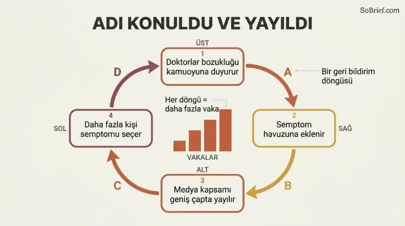 A circular feedback loop where publicly naming a disorder feeds a symptom pool, drives media coverage, and multiplies cases, intensifying with each turn.