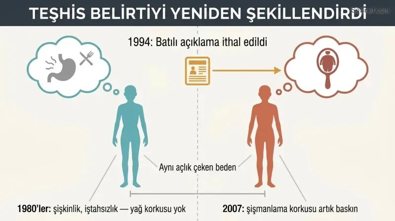 Before-and-after split showing the same starving patient explaining her illness through bodily sensations until imported Western media replaces it with fear of fat.