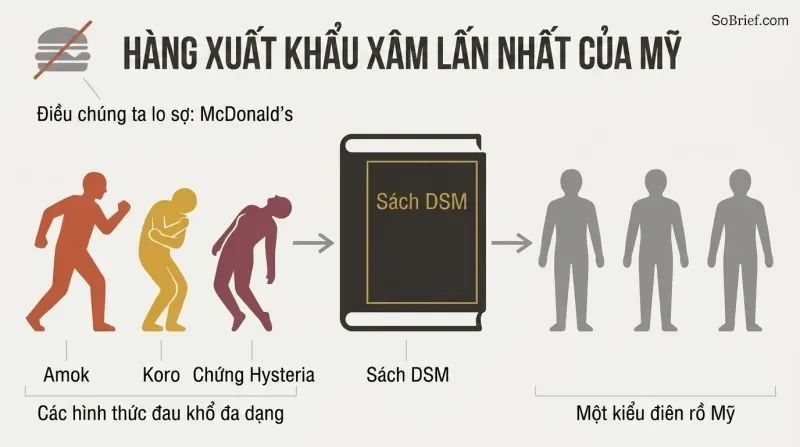 Three uniquely colored figures representing distinct culture-bound illnesses pass through a DSM stamp and emerge as identical gray figures. A small crossed-out burger marks the decoy export.
