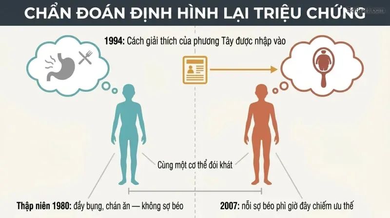 Before-and-after split showing the same starving patient explaining her illness through bodily sensations until imported Western media replaces it with fear of fat.